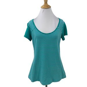 Columbia Omni Wick Shirt Womens M Medium Teal Stripe Scoop Neck Short Sleeve Top